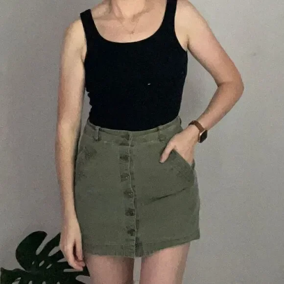 Abercrombie & Fitch Olive Green Military Button Down Mini Skirt 2 - Picture 7 of 14